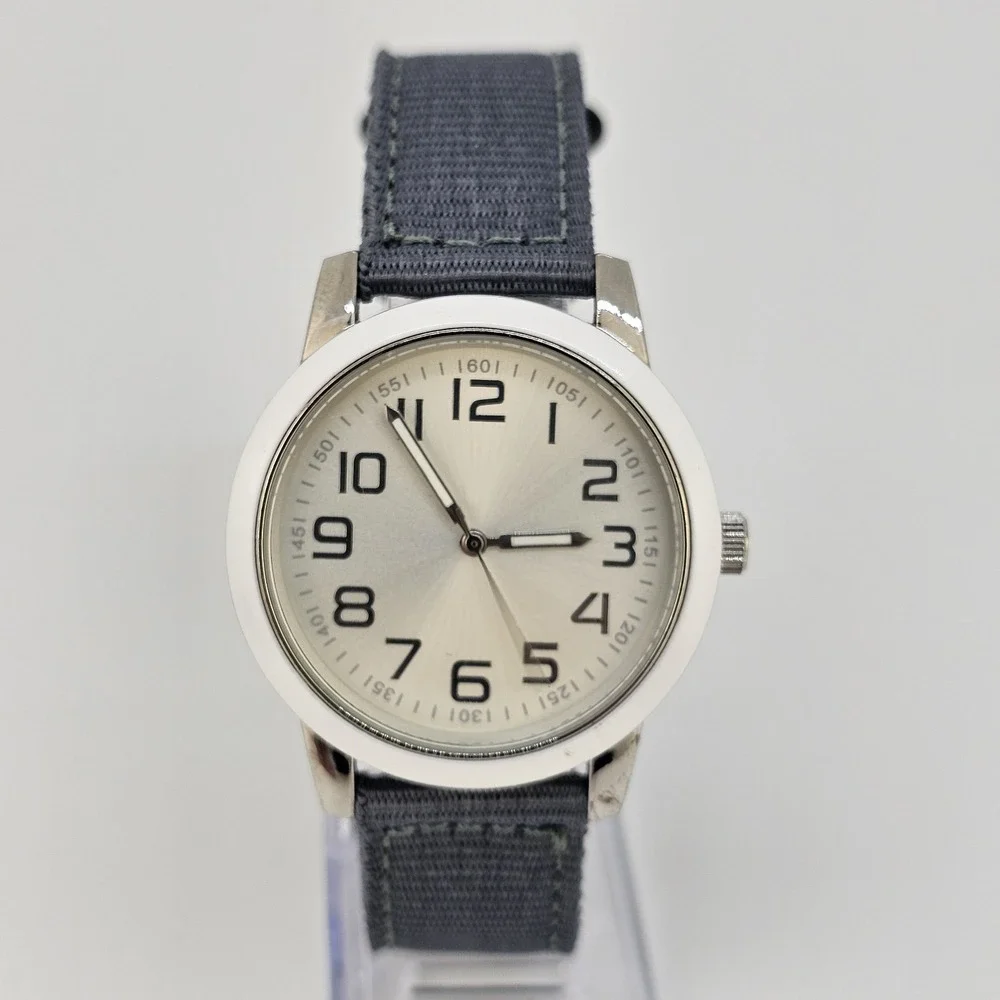 38MM Men's Watch Cream Dial New Gray Nylon Bands New Battery